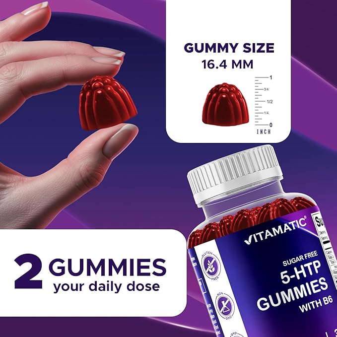 Vitamatic Sugar Free 5-HTP 200mg Gummies with B6 – 60 Pectin-Based Gummies – Mood Support & Stress Relief