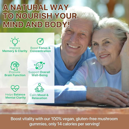 Mushroom Gummies for Adults,10x Mushroom Supplement,Energy, Focus, Mood & Cognitive Support,Vegan, Immune, Brain Support & Chill Mushroom Complex Gummy,80 Gummies