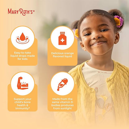 MARYRUTH'S USDA Organic Vitamin D3 Liquid Drops for Kids | 640 IU Vitamin D3 Per Serving | Kids Immune Support & Bone Health Supplement | Formulated for Ages 4-13 | 0.5oz | 30 Servings