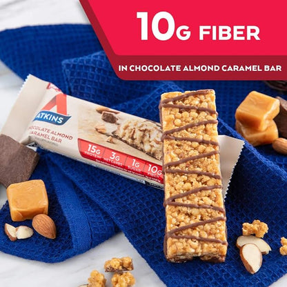 Atkins Chocolate Almond Caramel Protein Meal Bar, High Fiber, 15g Protein, 1g Sugar, 3g Net Carbs, Meal Replacement, Keto Friendly, 8 Count