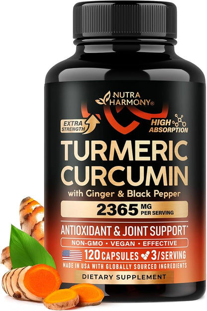 Turmeric Curcumin Supplement 2365 mg - Turmeric with Ginger & Black Pepper - Highly Bioavailable & Extra Strength 95% Curcuminoids - Antioxidant, Immunity & Joint Support - Made in USA - 120 Capsules