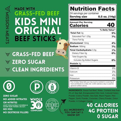 Mission Meats Kids Beef Sticks, 100% Grass Fed, Healthy Snacks for Kids, Zero Sugar, 9g Protein per Serving, Gluten & Nut Free, Individually Wrapped, Mini 0.5oz (72ct Bag)