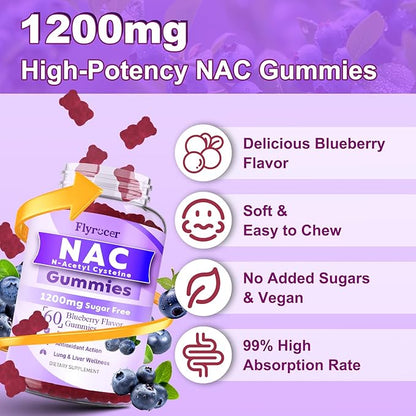 NAC Gummies, N Acetyl Cysteine Supplement for Adults and Kids, NAC Chewable Support Liver Health, Antioxidants & Immune System, Sugar-Free, Blueberry Flavor, 60 Count