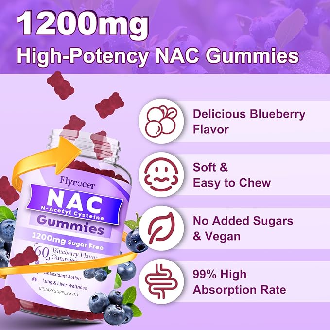2 Pack NAC Gummies, N Acetyl Cysteine Supplement for Adults and Kids, NAC Chewable Support Liver Health, Antioxidants & Immune System, Sugar-Free, Blueberry Flavor, 120 Count