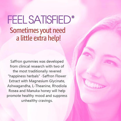 Saffron Supplements Gummies 100mg - 100% Pure Saffron Extract with Magnesium Glycinate, L-Theanine, Turmeric, Ashwagandha, Honey & Vitamin B Complex for Mood & Power, Antioxidant, Vitality - 60 Count