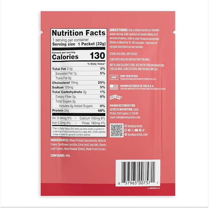 Levels Grass Fed Whey Protein Powder, No Artificials, 24G of Protein, Strawberry, 12 Count