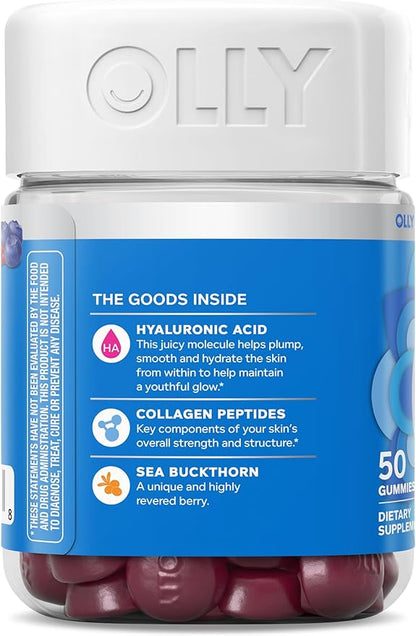 OLLY Glowing Skin Gummy, Hydrated & Youthful Skin,* Hyaluronic Acid, Collagen Peptides, Sea Buckthorn, Plump Berry Flavor, 25 Day Supply - 50 Count
