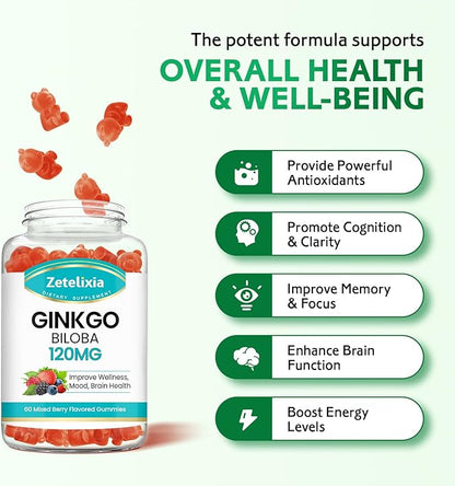Ginkgo Biloba Gummies for Women and Men, Brain Supplement Improve Better Mood and Focus, Vegan Mixed Berry Flavor 60 Count