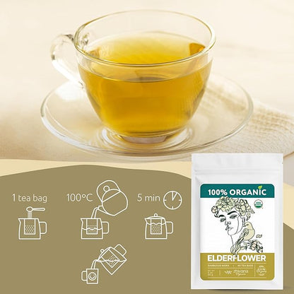 Organic Elderflower Tea (40 Tea Bags) - Elder Flowers Tea for Respiratory Health, Immunity - Herbal TeaBags for Cold Weather Days - Seasonal Blend - Te de Flor de Sauco