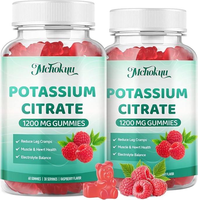 Potassium Citrate Supplement Gummies, Potassium Supplements for Women & Men, Helps Maintain Muscle Wellness & Electrolyte Balance, Vegan, Raspberry Flavor, 60 Count Potassium Gummies