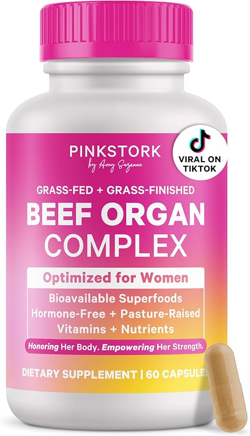 Pink Stork Beef Organ Supplement for Women | Grass-Fed Beef Liver Capsules with Iron, B12, CoQ10, Vitamin A | Primal Multivitamin for Female Hormone + Energy Support | 60 Capsules