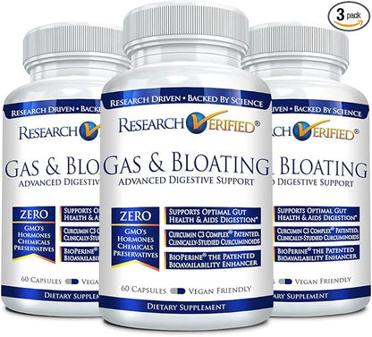 Research Verified Gas and Bloating - Relax Intestinal Muscles, Eliminate Gas Buildup - Artichoke Powder, Ginger, Peppermint Leaf Powder - 180 Capsules - Vegan
