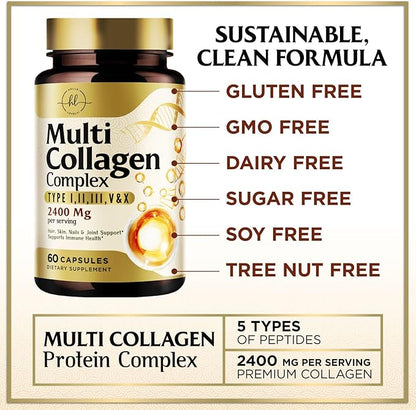 Multi Collagen Peptides for Women & Men - 2400mg per Serving - Best Hydrolyzed Collagen Complex with Type I, II, III, V, X - Hair, Skin, Nails & Joint Support Supplement - Bottled USA - 60 Capsules
