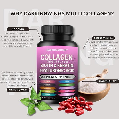 Multi Collagen Pills Peptides Types I, II, III, V & X MCG Biotin Keratin Hyaluronic Acid MSM Vitamin C Zinc Magnesium with Grape Seed Extract, Quercetin - Hair Skin and Nails Vitamins Capsule