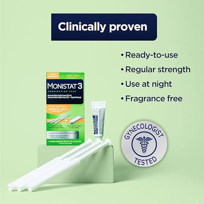 Monistat 3-Day Yeast Infection Treatment for Women, 3 Pre-Filled Miconazole Cream Applicators & External Itch Relief Anti-Itch Cream (9g Tube) Combo Pack, Regular Strength
