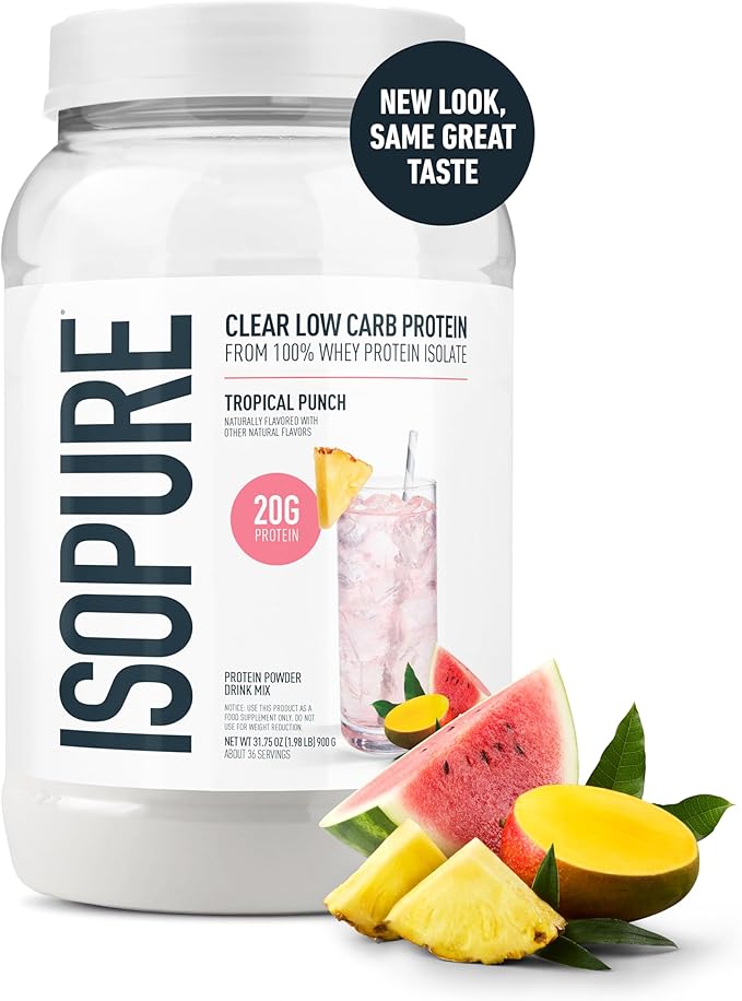 Isopure Clear Whey Isolate Protein Powder, Lactose Free, Gluten Free, Naturally Flavored, Tropical Punch, 20g Protein Per Serving, 1.9 Lbs, 36 Servings (Packaging May Vary)