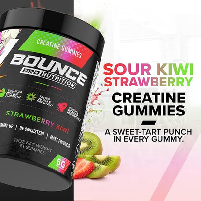 Bounce Pro Creatine Monohydrate Gummies for Men & Women, Low Calorie, 6G of Creatine per Serving, Vegan, Anti-Melting, Gluten-Free, Non-GMO (51 Count (Pack of 1), Strawberry Kiwi)
