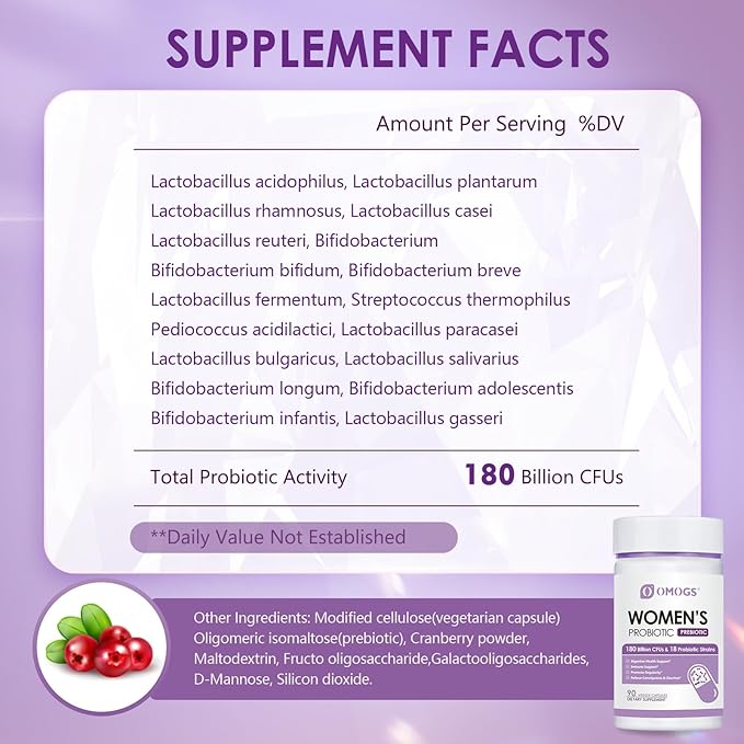 OMOGS 2PCS Women's Probiotic 180 Billion CFUs 18 Strains, with Prebiotics, Cranberry Extract, D-Mannose & Digestive Enzymes, for Digestive,Immune, PH Balance & Urethral Health, 180 Capsules