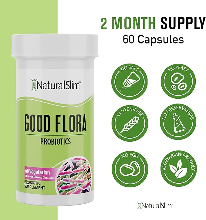 NaturalSlim Good Flora, Probiotics for Women & Men - Gut Health Supplements with 7 Powerful Strains for De-Bloating & Vitality - Probiotics for Digestive Health, 60 Vegetarian Capsules, 2 Pack