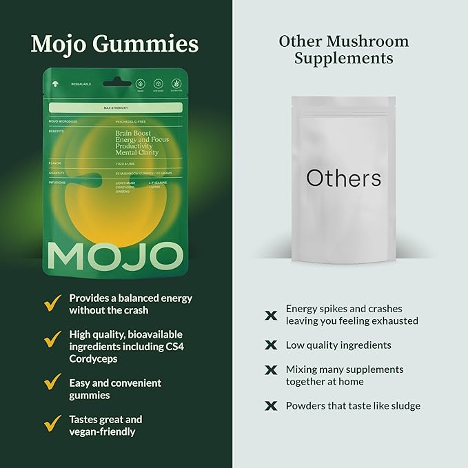 Mojo Extra Strength Focus Gummies with Lion’s Mane, Cordyceps, Ginseng & L-Theanine - Mushroom Gummies Brain Supplement for Adults, Memory/Energy Support, Focus Fuel, Yuzu Lime (3 Pack)
