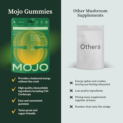 Mojo Extra Strength Focus Gummies with Lion’s Mane, Cordyceps, Ginseng & L-Theanine - Mushroom Gummies Brain Supplement for Adults, Memory/Energy Support, Focus Fuel, Yuzu Lime (1 Pack)