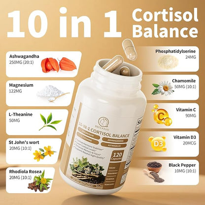 Cortisol Supplements for Women and Men, 10-in-1 Cortisol Reducer Manager Detox with Ashwagandha, Magnesium & L-Theanine, Lower High Cortisol Levels, Relaxation & Night Support, Non-GMO, 120 Capsules