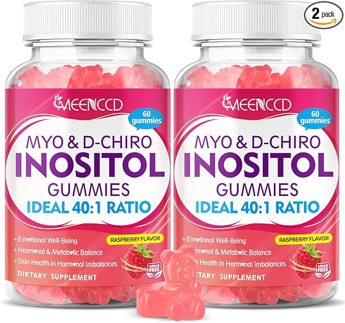 2 Pack Myo-Inositol & D-Chiro Inositol Gummies, 40:1 Ratio Inositol with Vitamin D3, Magnesium Glycinate, Folate & Zinc, Inositol Supplement for Female Health, Raspberry Flavor, 120 Count