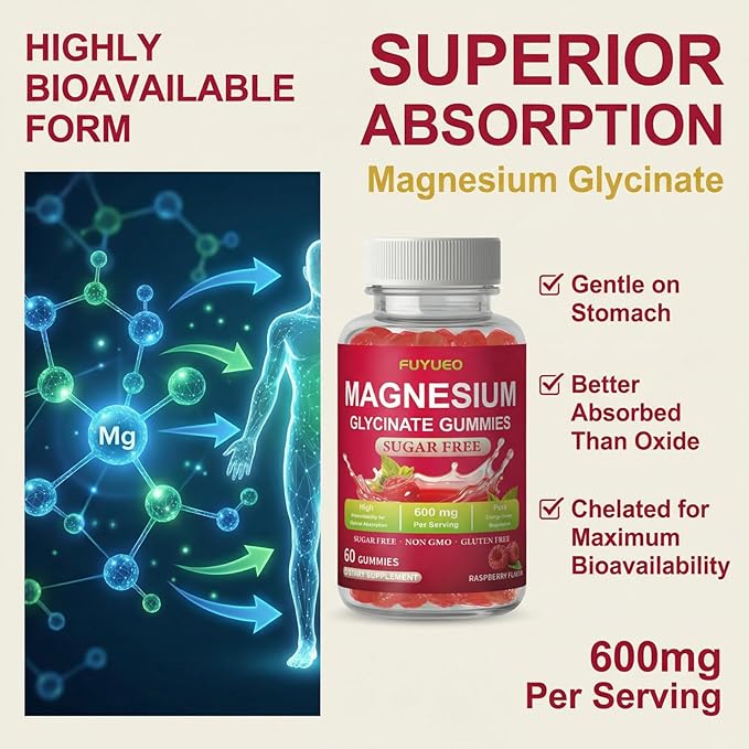 Magnesium Glycinate Gummies, Sugar Free Magnesium Supplement for Men & Women, Supports Relaxation, Gentle on Stomach, Chewable, Raspberry, 60 Count (Pack of 1)