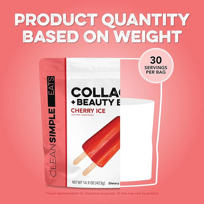 Clean Simple Eats Collagen Powder + Beauty Blend, Cherry Ice Flavor, Hydrolyzed Collagen Peptides from Grass Fed Bovine & Chicken, Hyaluronic Acid for Hair, Skin, Nail & Joint Support, 30 Servings