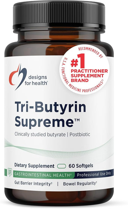 Designs for Health Tri-Butyrin Supreme - 3-in-1 Butyric Acid (Butyrate) Postbiotics for Gut Health & Gut Permeability Support - Tributyrin Supplement with Odor-Minimizing Innovation (60 Softgels)