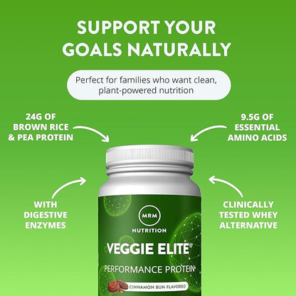 MRM Veggie Elite Performance Protein - Cinnamon Bun, Plant-Based Powder, 24g Protein per Serving with BCAAs & Digestive Enzymes, Clinically Tested - Vegan, Gluten-Free - 30 Servings