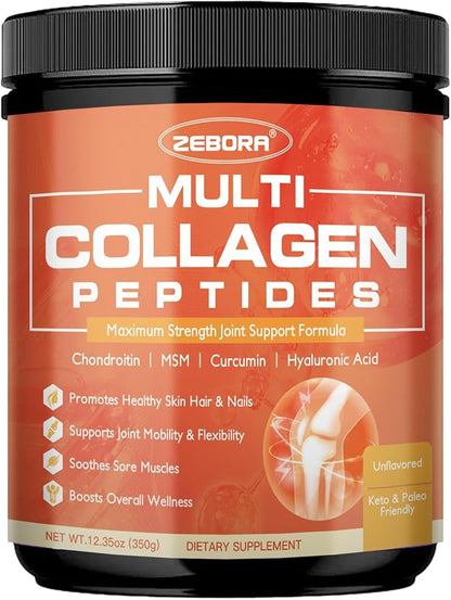 ZEBORA Multi-Collagen-Peptides-Powder with MSM & CS, Type I II III V X Hydrolyzed Collagen Peptides with Hyaluronic Acid & Vitamin C for Women and Men Hair, Skin, Nails & Joint, Non-GMO, 35 Servings