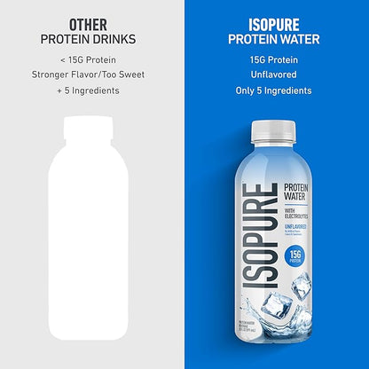 Isopure Clear Protein Water with Electrolytes, 15g Whey Protein Isolate, Zero Sugar, Unflavored, 20 fl oz Bottles, 12-Pack