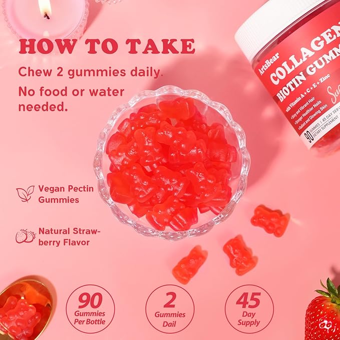 Collagen Gummies with Vitamins C, A, E, Zinc, and Biotin – Hydrolyzed Collagen Peptide Supplement for Hair, Skin, and Nails – Vegan, Sugar-Free, Strawberry Flavor – 90 Gummy