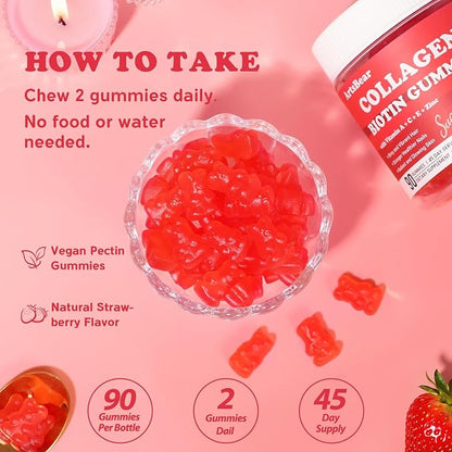 Collagen Gummies with Vitamins C, A, E, Zinc, and Biotin – Hydrolyzed Collagen Peptide Supplement for Hair, Skin, and Nails – Vegan, Sugar-Free, Strawberry Flavor – 90 Gummy