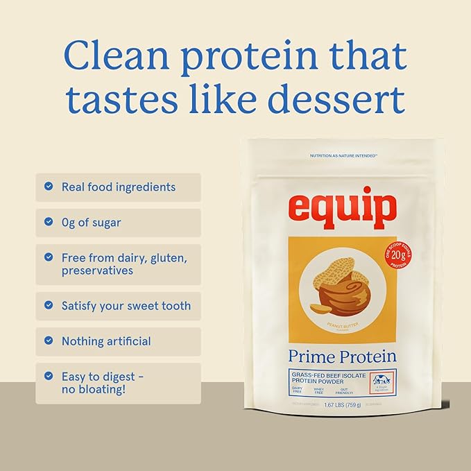 Equip Foods Prime Protein Powder | Clean, Grass Fed Beef Protein Powder for Women & Men | Carnivore Protein Isolate | Paleo, Keto Friendly | Gluten & Dairy Free | 30 Servings, Peanut Butter
