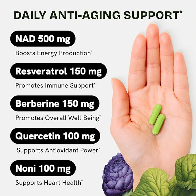 Liposomal NAD Supplement for Women w/Noni | 5-in-1 NAD Resveratrol Supplement w/Berberine & Quercetin | Pure NMN Powder Alternative | Supports Anti Aging & NAD+ Levels | 120 caps - 2 Packs