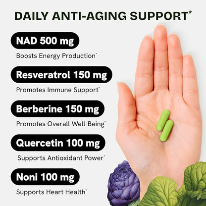 Liposomal NAD Supplement for Women w/Noni | 5-in-1 NAD Resveratrol Supplement w/Berberine & Quercetin | Pure NMN Powder Alternative | Supports Anti Aging & NAD+ Levels | 60 caps - 1 Pack