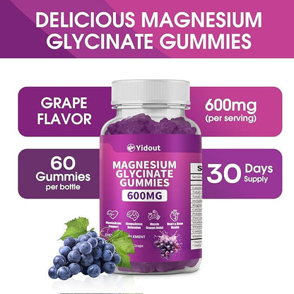 Magnesium Glycinate Gummies 600mg，High Absorption Magnesium Gummies, Sugar Free Chews for Adults & Kids Relaxation, Stress Relief (60 Count（Pack of 2）)