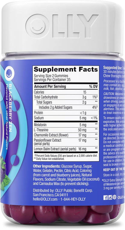 OLLY Extra Strength Sleep Gummy, Occasional Sleep Support, 5 mg Melatonin, L-Theanine, Chamomile, Lemon Balm Extracts, Sleep Aid, Blackberry Flavor - 70 Count (Packaging May Vary)