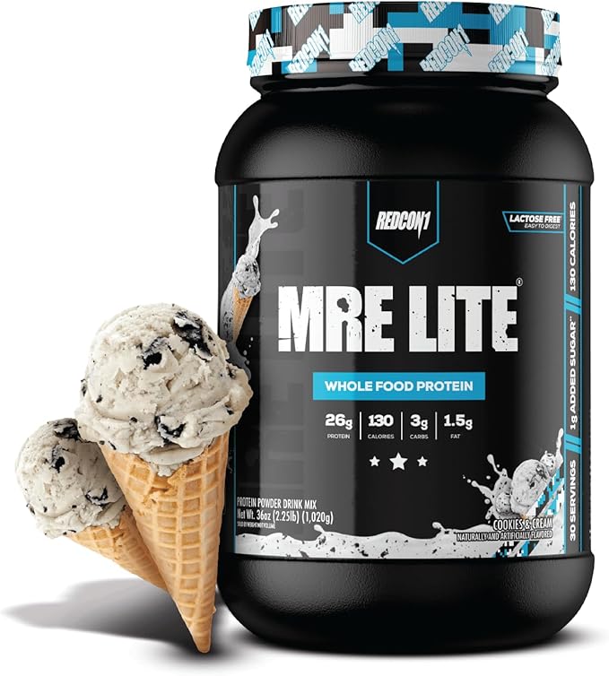 REDCON1 MRE LITE Whole Food Protein Powder, Cookies & Cream - Lactose Free Meal Replacement with Animal Protein Blends - Easy to Digest Formula - Only 3g Carb per Serving (30 Servings)