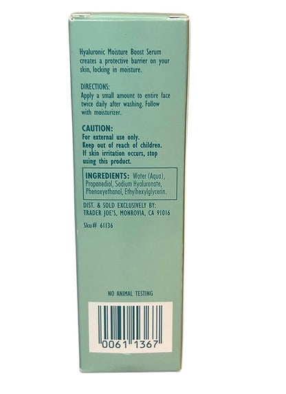 TRADER JOE'S HYALURONIC MOISTURE BOOST SERUM 1 FL OZ (30mL)