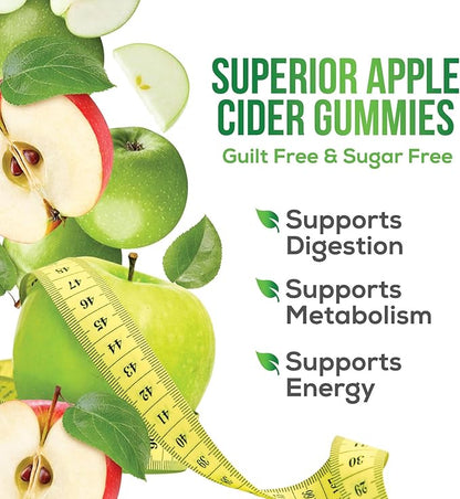 Apple Cider Vinegar Gummies - Sugar Free - Apple Cider Vinegar Powder 1000mg Per Serving - Max Strength ACV Gummy Vitamins - B12 & The Mother - Metabolism & Energy Support - Keto & Vegan - 120 Gummies