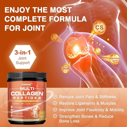 ZEBORA Multi-Collagen-Peptides-Powder with MSM & CS for Joint, Type I II III V X Hydrolyzed Collagen Peptides with Hyaluronic Acid & Vitamin C for Women and Men Hair, Skin, Nails, Non-GMO, 35 Servings