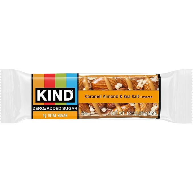 Kind Zero Added Sugar Healthy Snacks Bars, Caramel Almond & Sea Salt, Gluten Free, High Fiber, Keto Snacks, 5g Protein, 5 Count