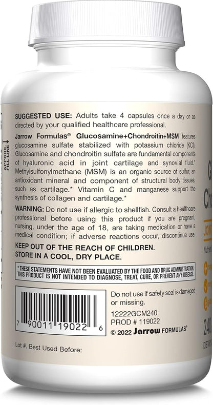 Jarrow Formulas Glucosamine, Chondroitin, and MSM Capsules; Joint Support Supplement with Vitamin C and Manganese, Bone & Joint Health, 240 Capsules, 60 Day Supply