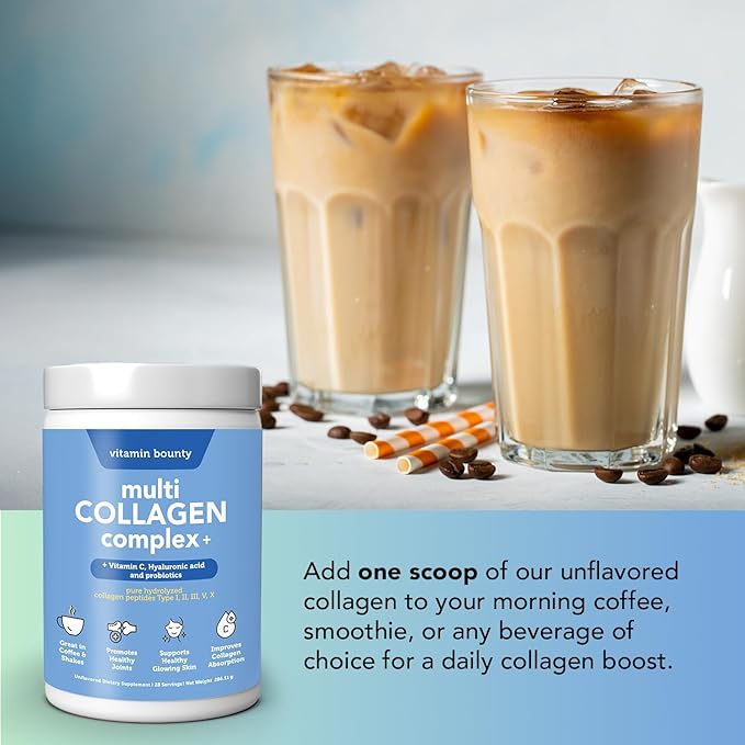 Vitamin Bounty Multi Collagen Peptides Powder for Men & Women (Complex Plus) - 5 Types Hydrolyzed Collagen Protein - Probiotics, Vitamin C & Hyaluronic Acid - Grass Fed Bovine Supplements, 28 Servings