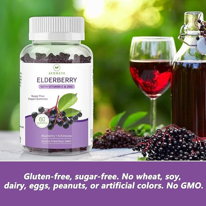 AFXMATE Sambucus Black Elderberry Gummies with Zinc and Vitamin C for Adults Kids Immune Support, Sugar Free Elderberry 120 Counts