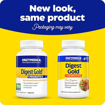 Enzymedica Digest Gold + Probiotics, 2-in-1 Digestive Enzymes & Probiotic Support, Promotes Gut Health with 1 Billion Active Cultures, 180 Capsules