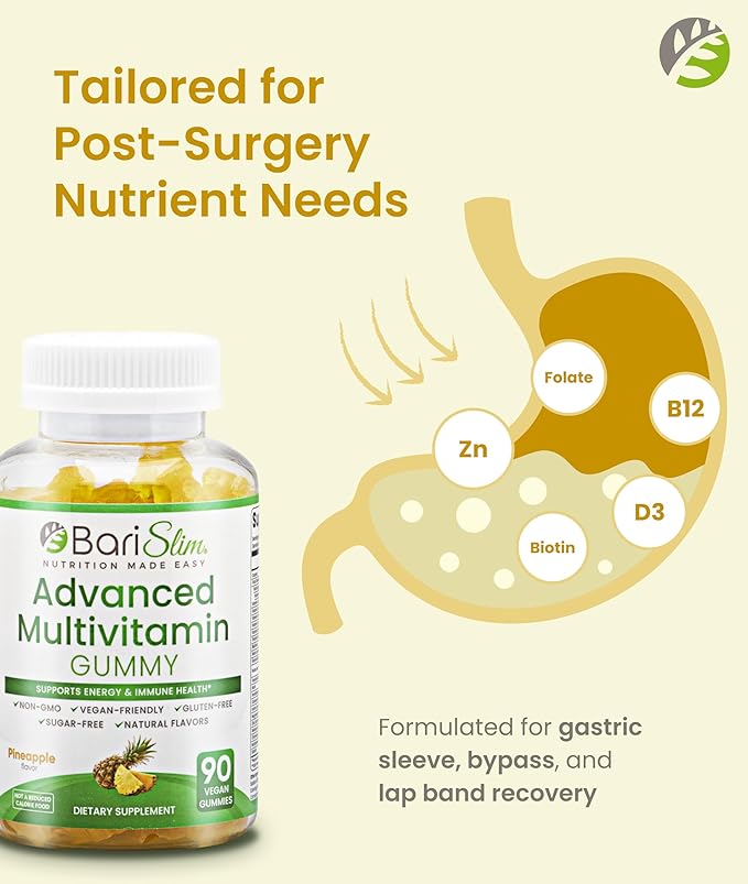 BariSlim Advanced Bariatric Multivitamin Gummies - Specially Formulated Bariatric Vitamins for Patients After Weight Loss Surgery - Supports Energy & Immune Health | Pineapple (90 Vegan Gummies)